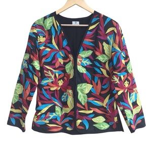 Chico’s Artsy Appliqué Multi Color Floral Silk Jacket